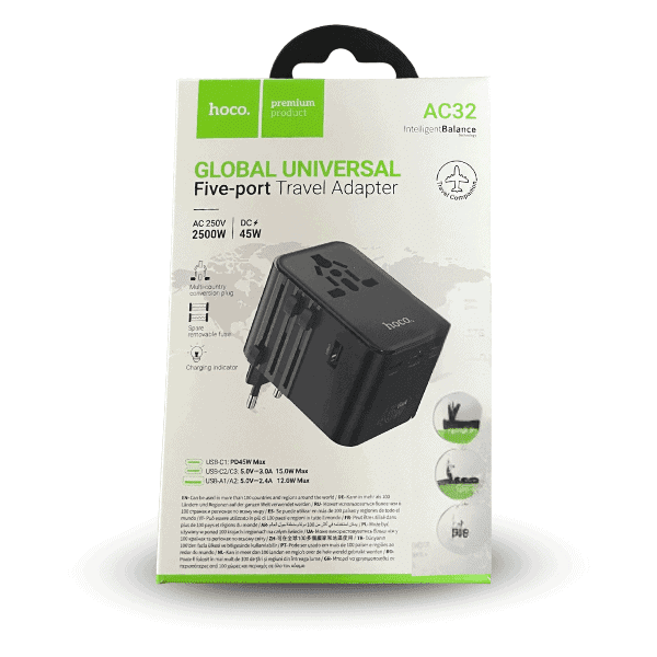 מטען אוניברסלי לחו"ל עם 3 חיבורי USB ו - Type - C מדגם HOCO AC32 - hoco - vaod