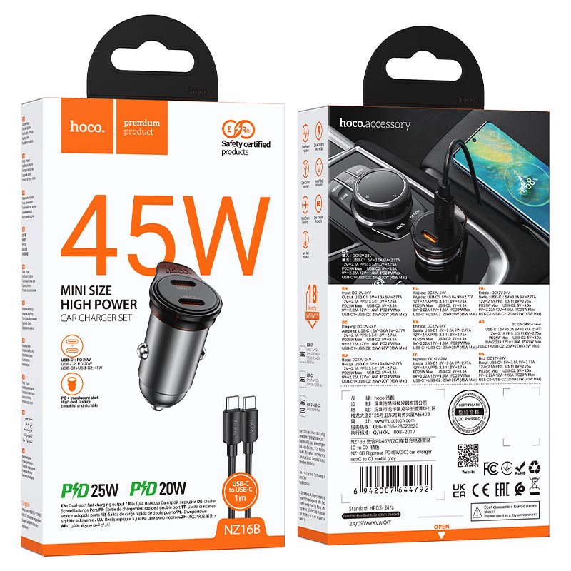 מטען רכב מהיר 45W בתקן PD + כבל Type - C ל - Lightning הוקו HOCO NZ16B - hoco - vaod
